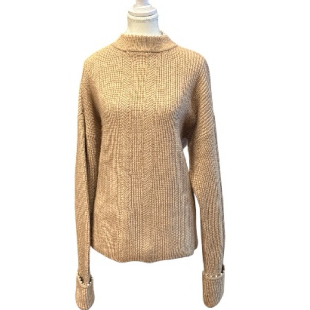 Crown & Ivy Pearl Trim Chunky Knit Mock Neck Sweater‎ Tan Beige Pullover L